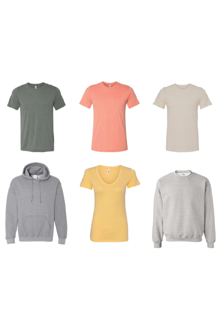 style and color options for Farmers are Entremanures - gray tshirt, coral tshirt, dust tshirt, gray hoodie, yellow v-neck or gray crewneck sweatshirt